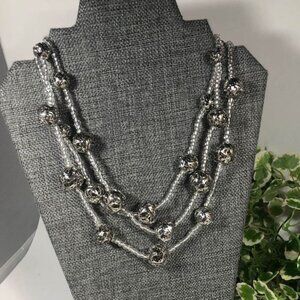 Cookie Lee Multi Strand Necklace Silver Tone Filigree Balls Clear Glass Beads